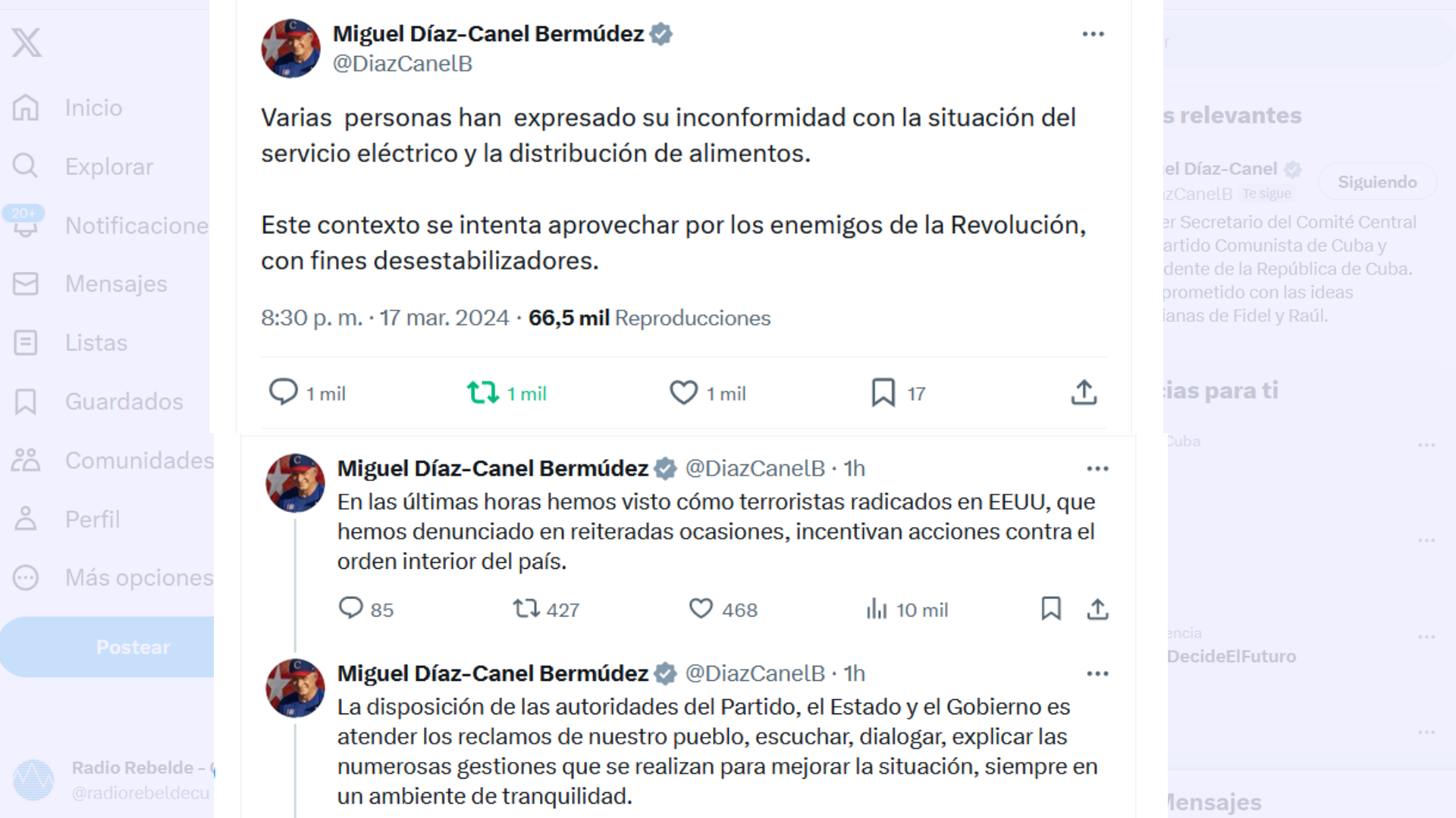 Presidente cubano reitera disposición de atender reclamos de la población y denuncia campañas enemigas