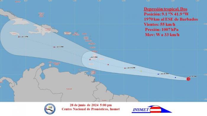 La depresión tropical dos debe ganar rápidamente en organización e intensidad, para convertirse en la tormenta tropical Beryl.