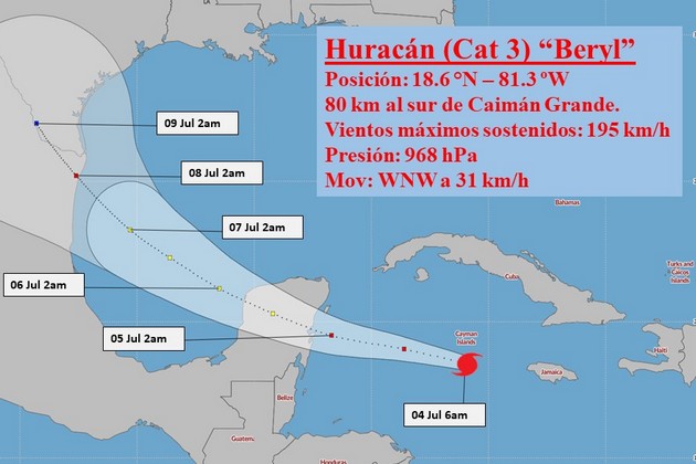 Beryl transita por el Caribe occidental