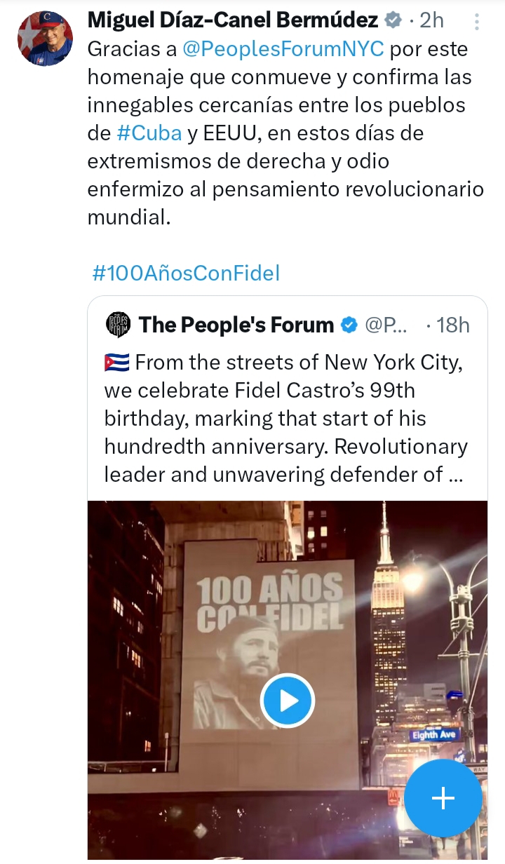 Agradece Díaz-Canel homenaje a Fidel Castro en EEUU