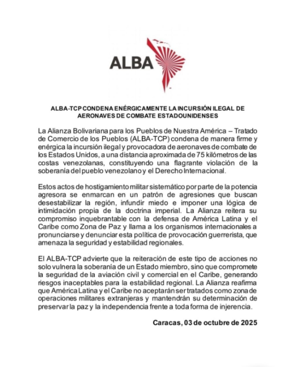 ALBA-TCP denuncia “hostigamiento militar” de EEUU tras incursión de cazas cerca de Venezuela