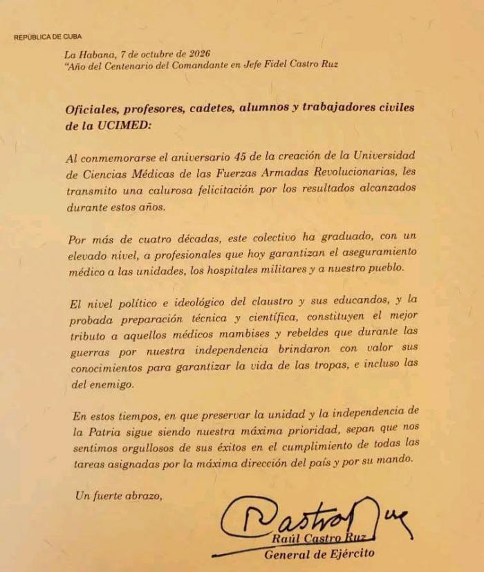 Envía General de Ejército Raúl Castro Ruz carta de felicitación por los 45 años de la Universidad de Ciencias Médicas de las FAR